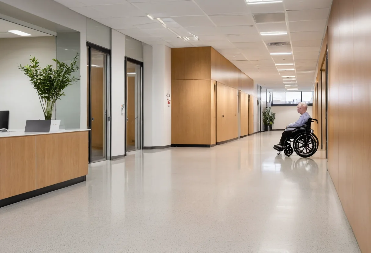 Inclusive office route with flush thresholds, clear turning space and visible controls