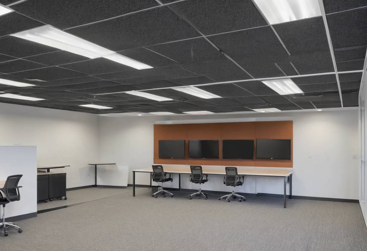 Open office ceiling coordinating acoustic rafts, partitions and services