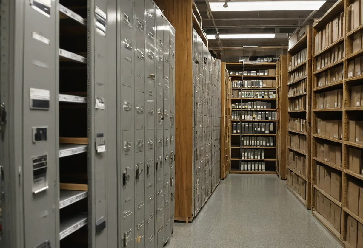 Commercial project binders, mock-up samples and drawings stored in an archive