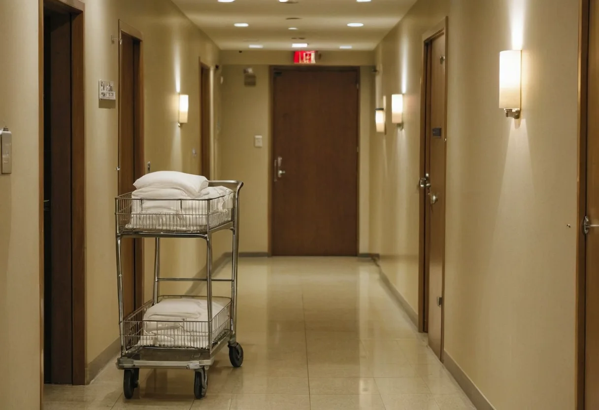 Hotel service route carrying linen behind a calm guest lobby