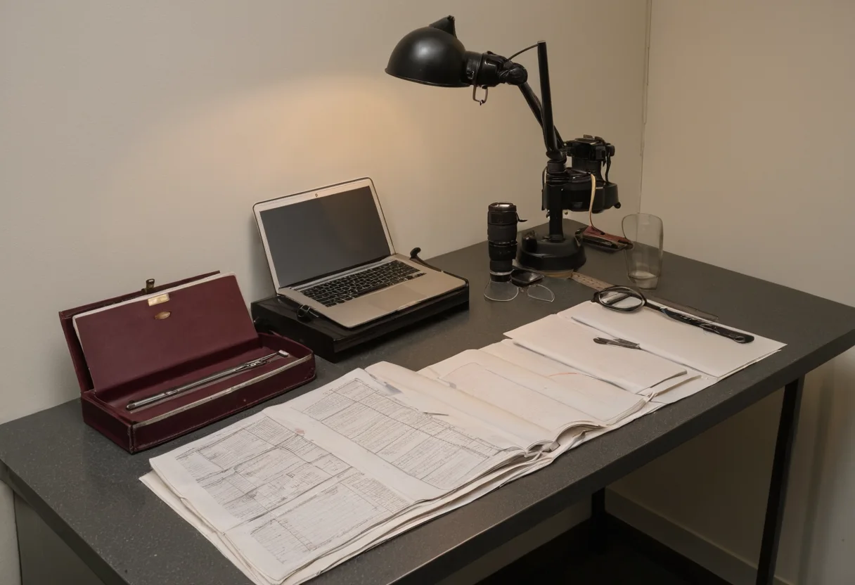Commercial review desk with site photographs, recorder and marked drawings