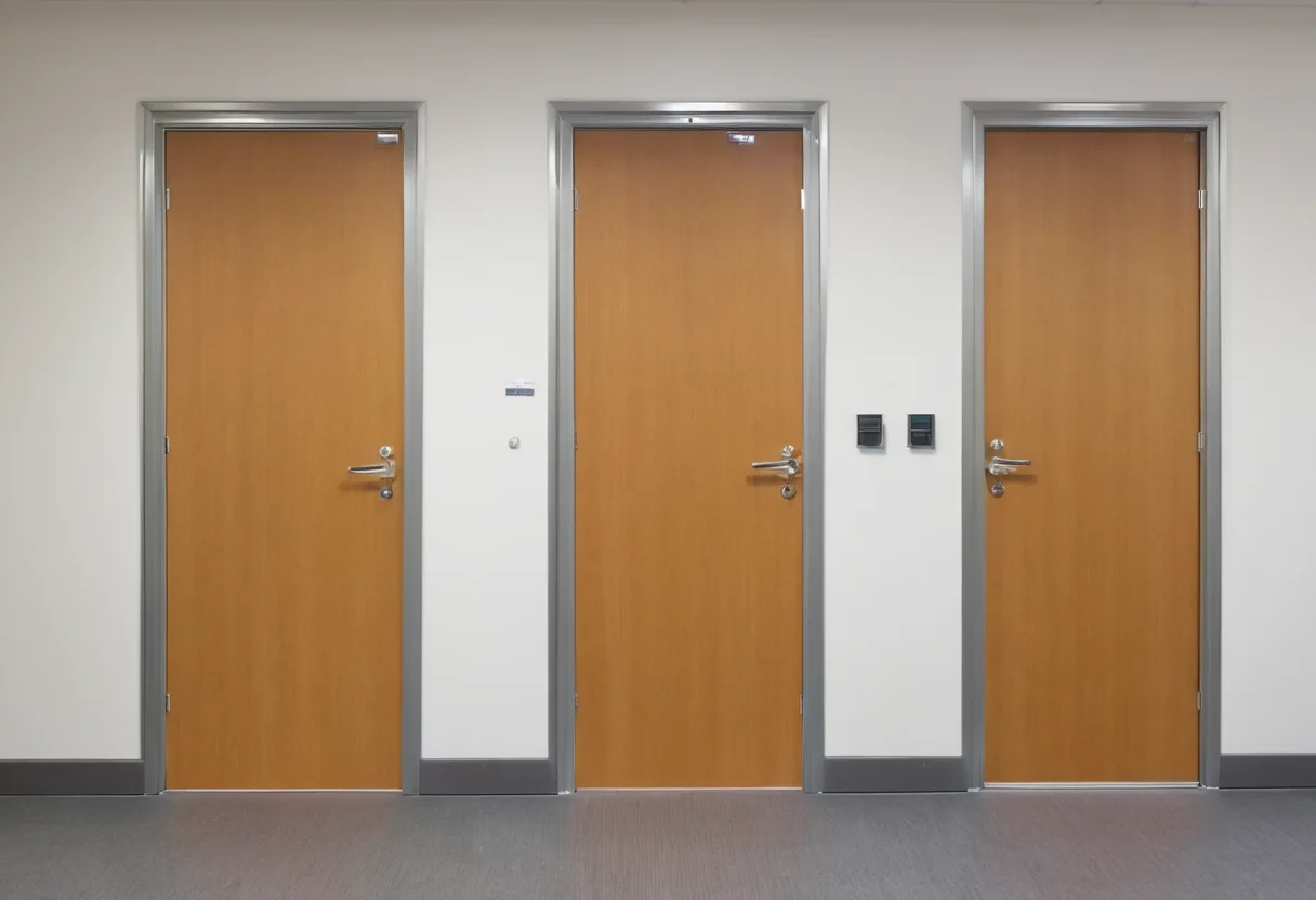 Different commercial door assemblies lined up for hardware and threshold review