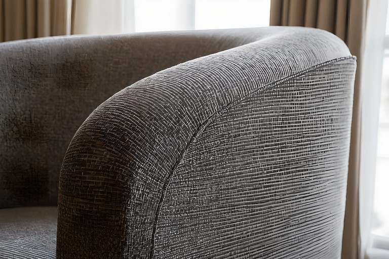 Close view of woven fabric stretched over the front edge of a lounge chair arm
