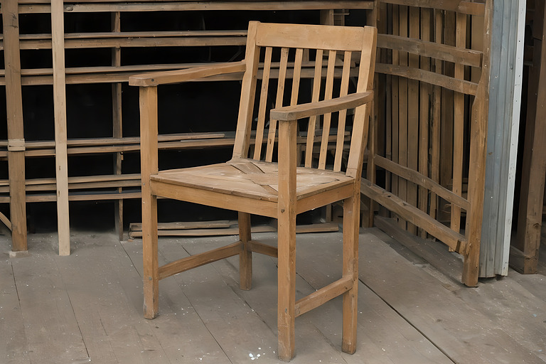 Bare hardwood armchair frame with webbing across the seat opening