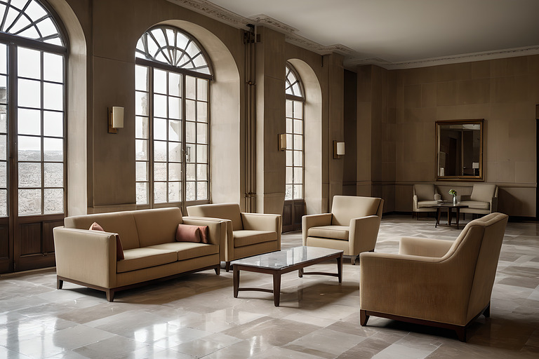 Empty hotel lobby lounge with upholstered armchairs and a sofa on a stone floor