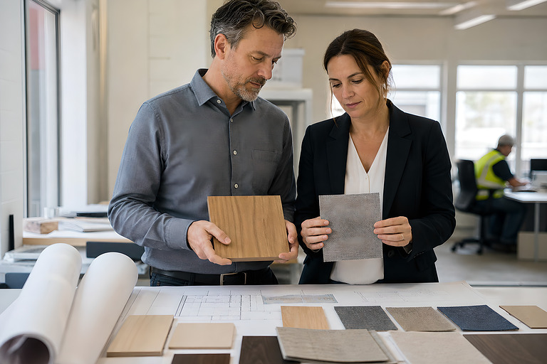 Two specifiers comparing a timber finish sample against a fabric swatch on a project table