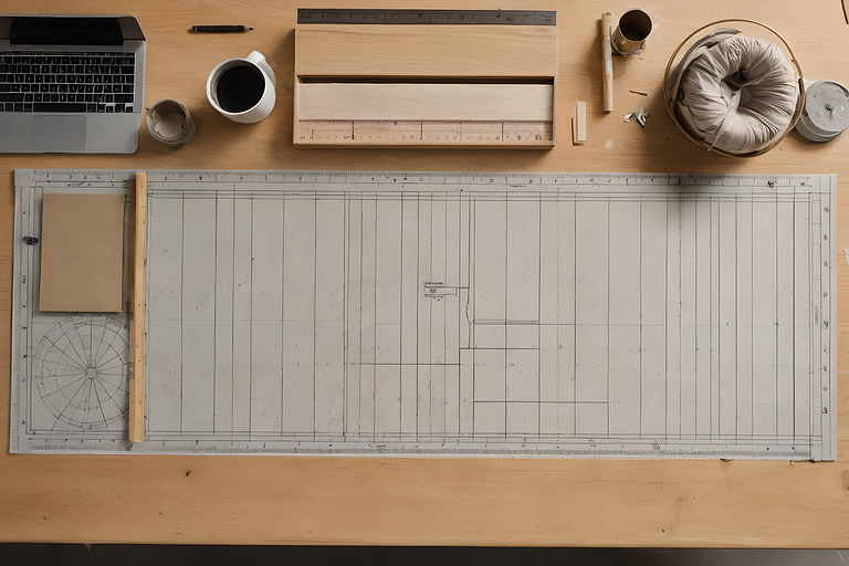 Furniture drawing rolled out on a desk with timber and fabric samples on top