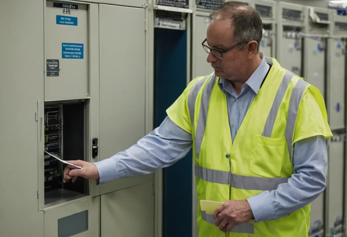 Facilities manager using a room-based handover manual beside equipment