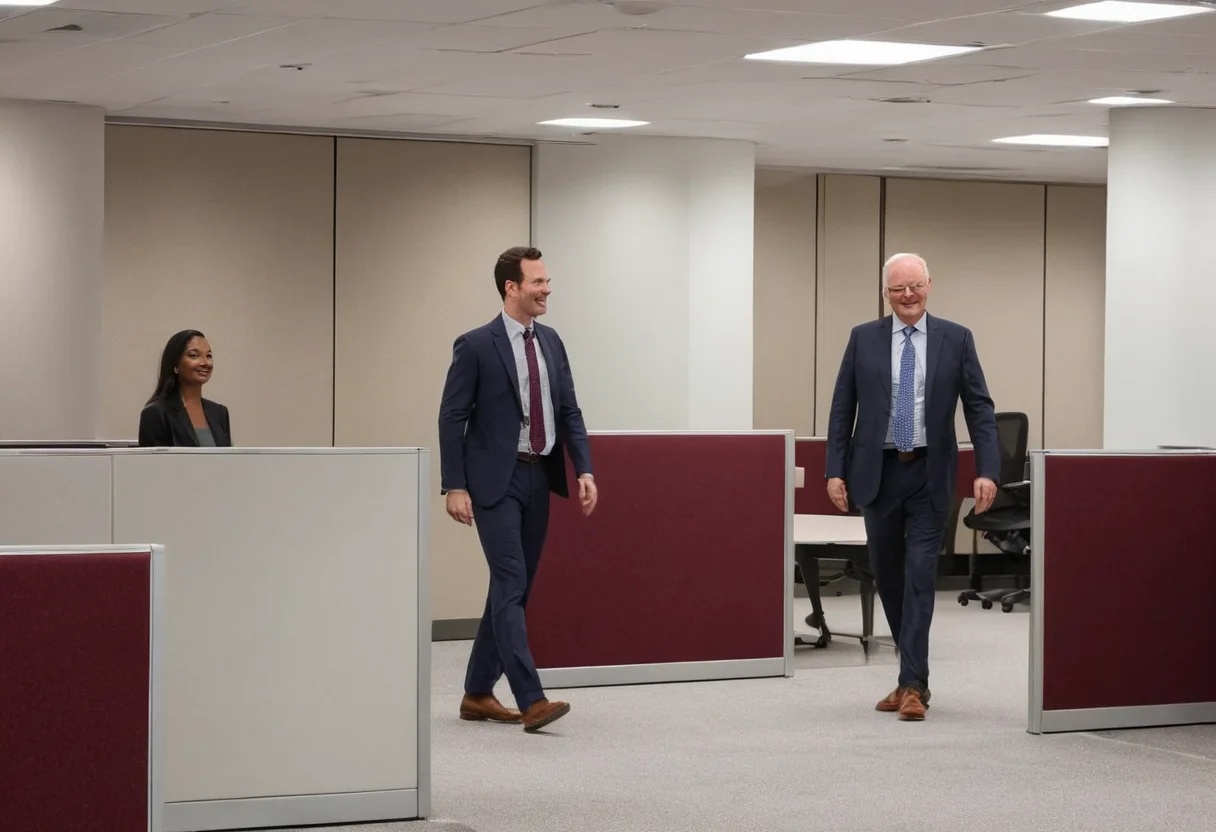 Commercial interior review team walking through an occupied workplace