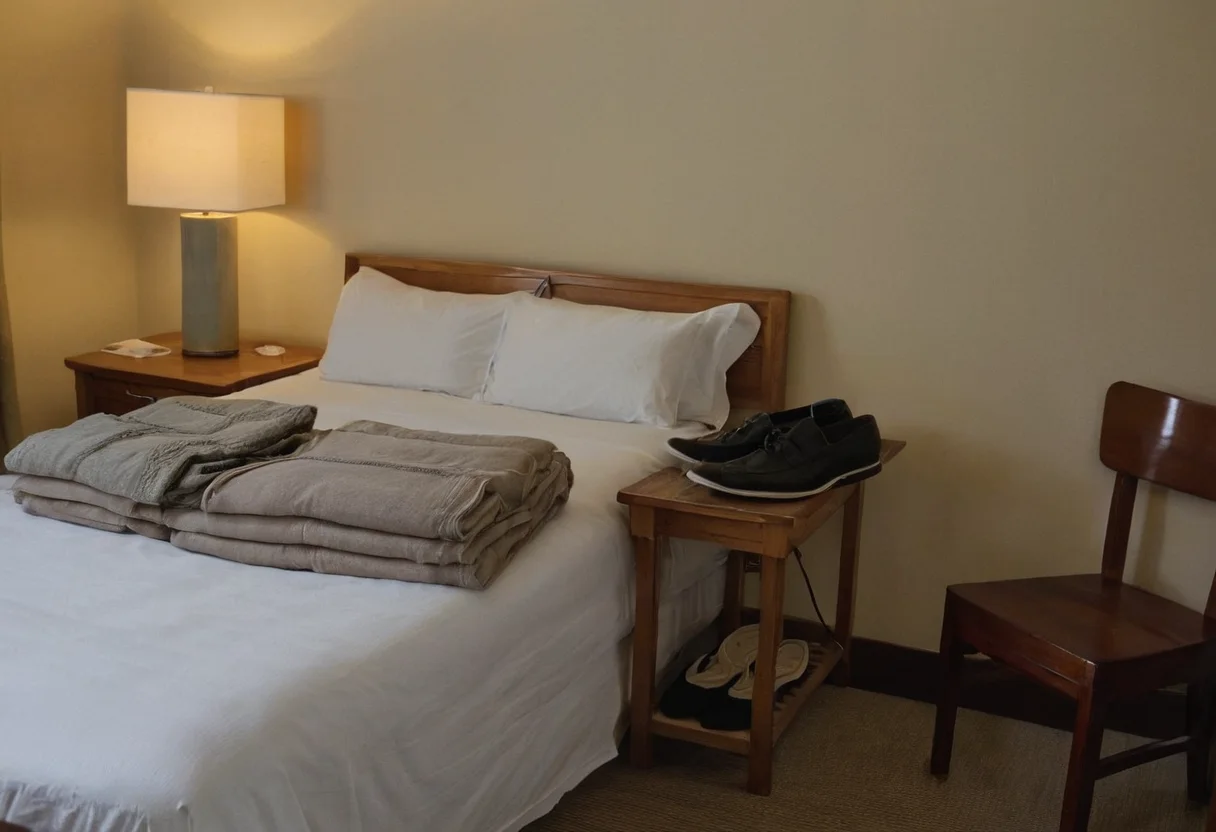 Hotel room storage arranged around an open suitcase and short-stay belongings