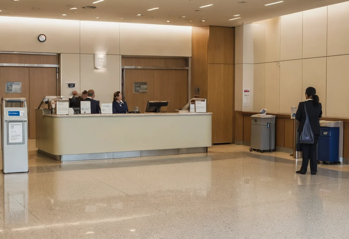 Office reception accommodating visitors, courier and staff without blocking circulation