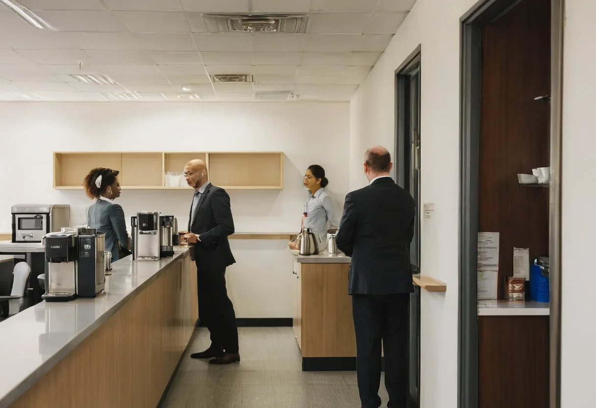 Office tea point in use while circulation remains clear behind it