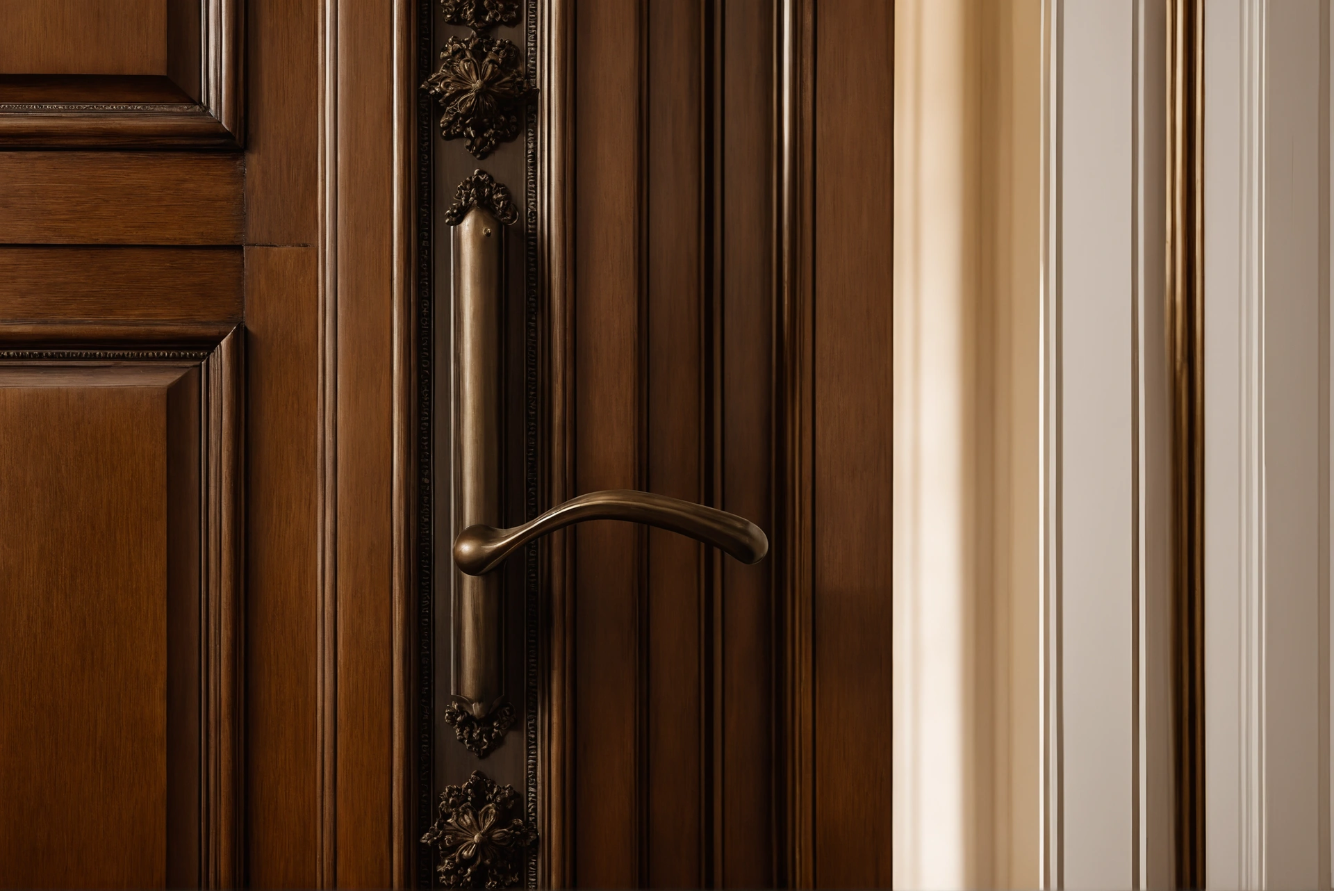 Bronze door lever on a tall panelled door