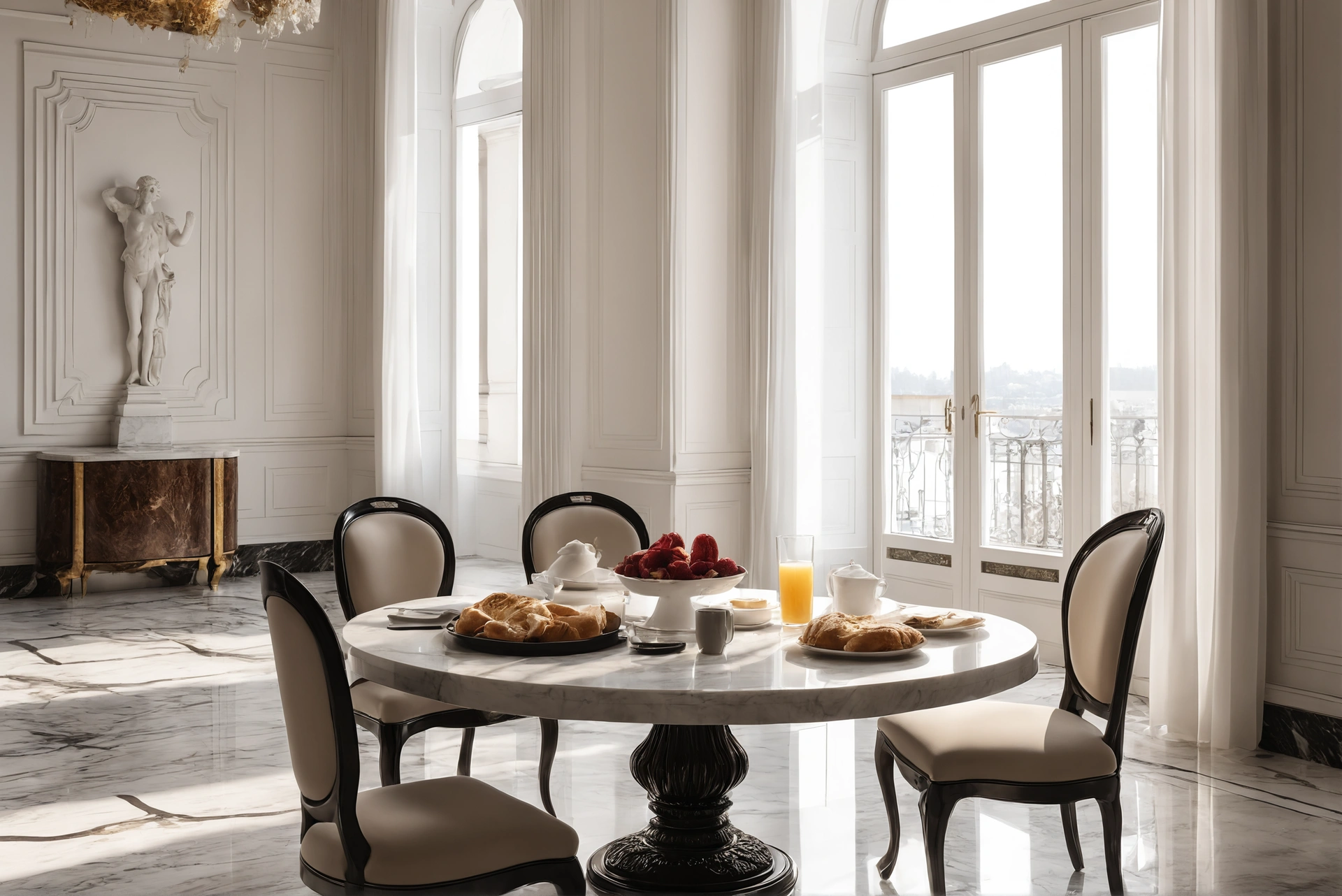 Palace-scale room in daily use at breakfast time