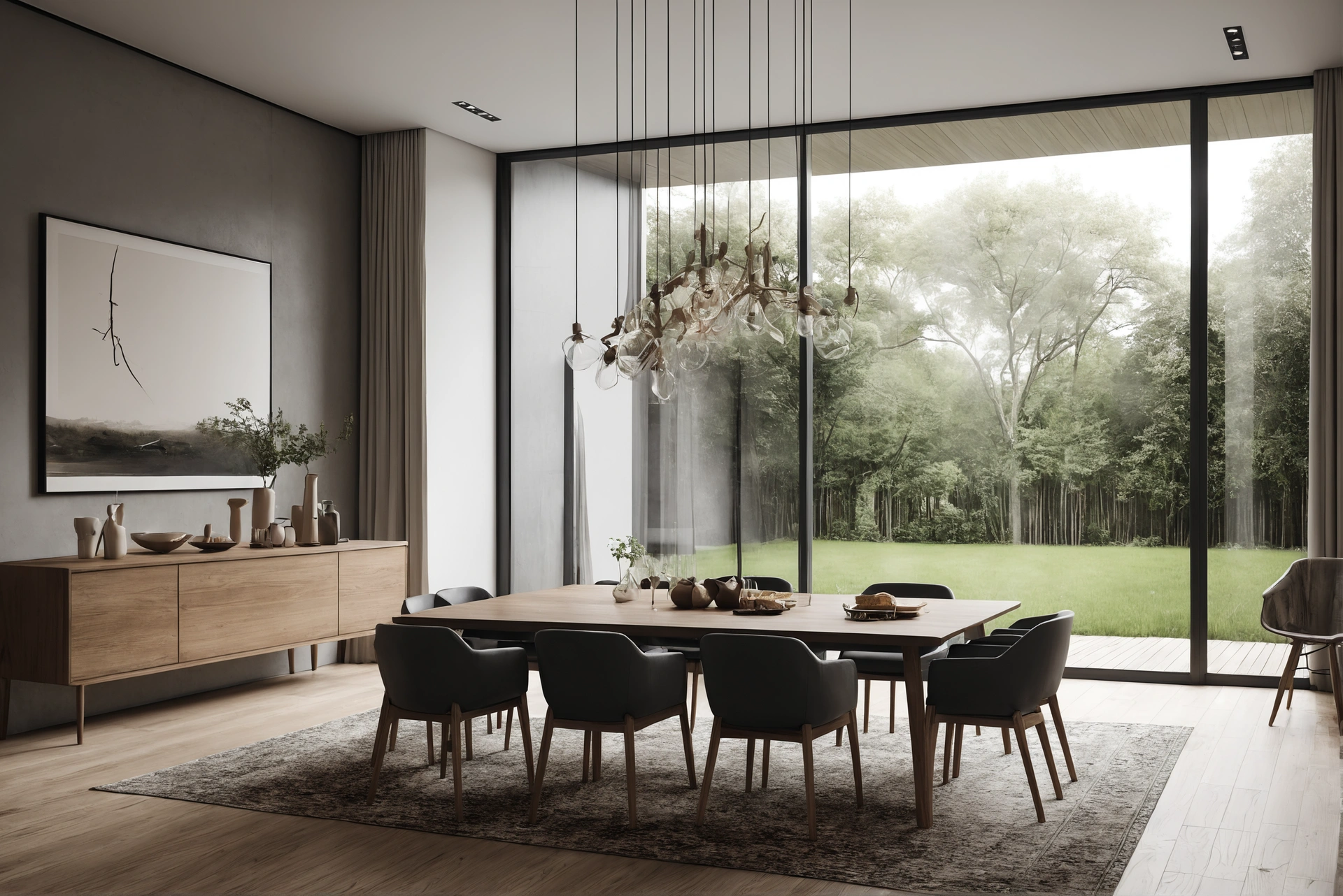 Modern dining room with tall ceiling and one strong ceiling gesture