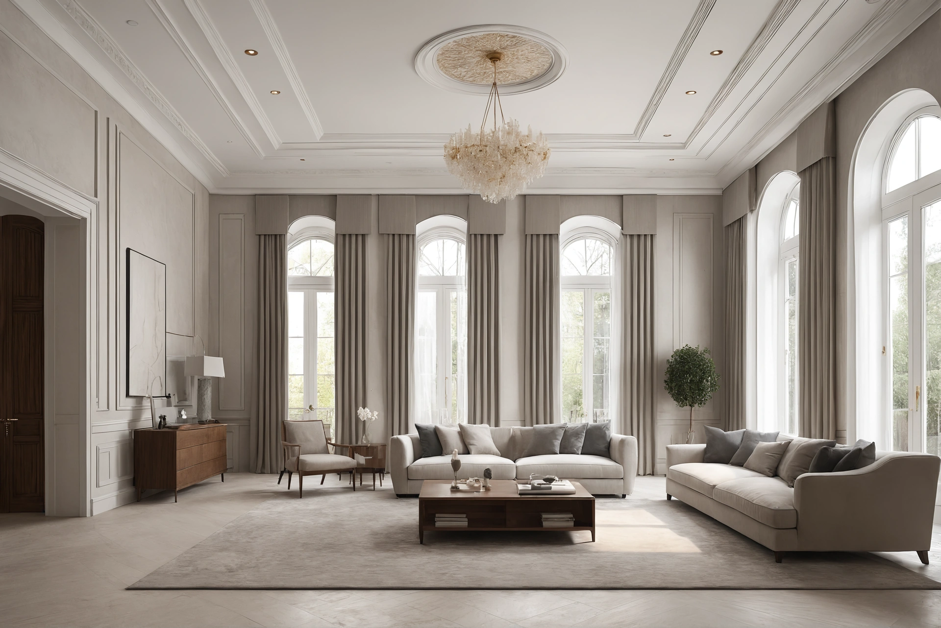 Modern interior with palace proportions, tall doors and book-matched stone wall
