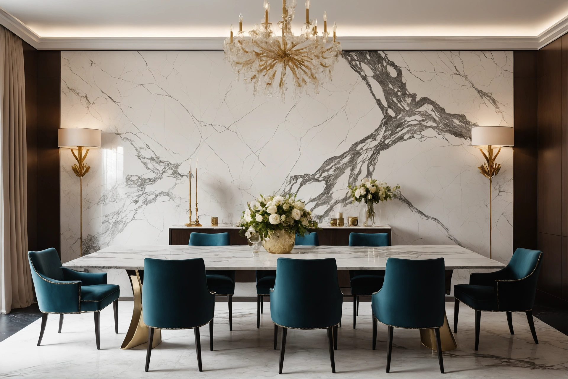 Book-matched marble wall behind a formal dining table