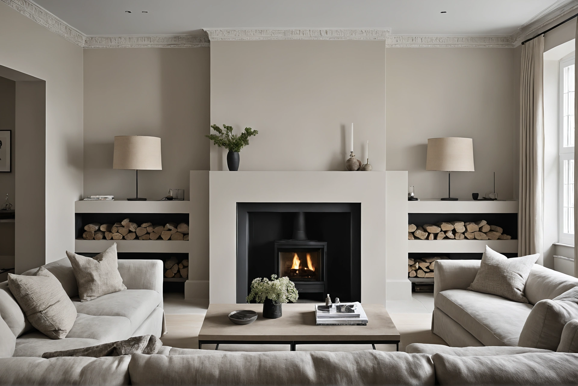 Symmetrical living room with centred fireplace and paired sofas on axis