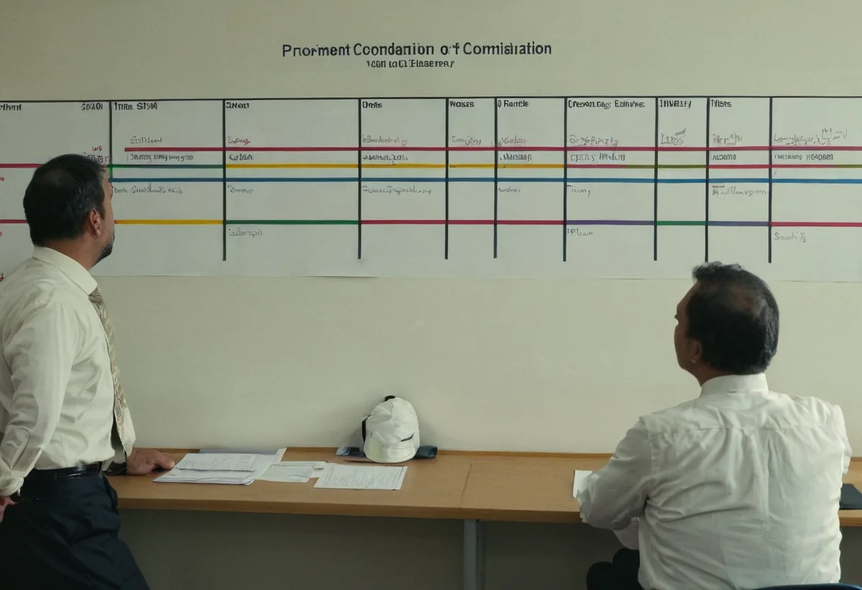Project team coordinating physical samples with a wall-size procurement timeline