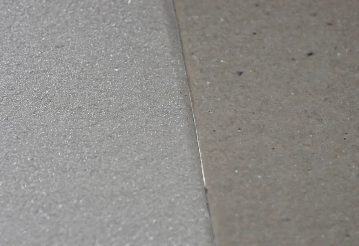 New and worn commercial flooring samples compared under raking light