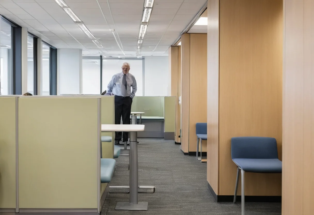 Senior job candidate observing reception and workplace conditions before an interview