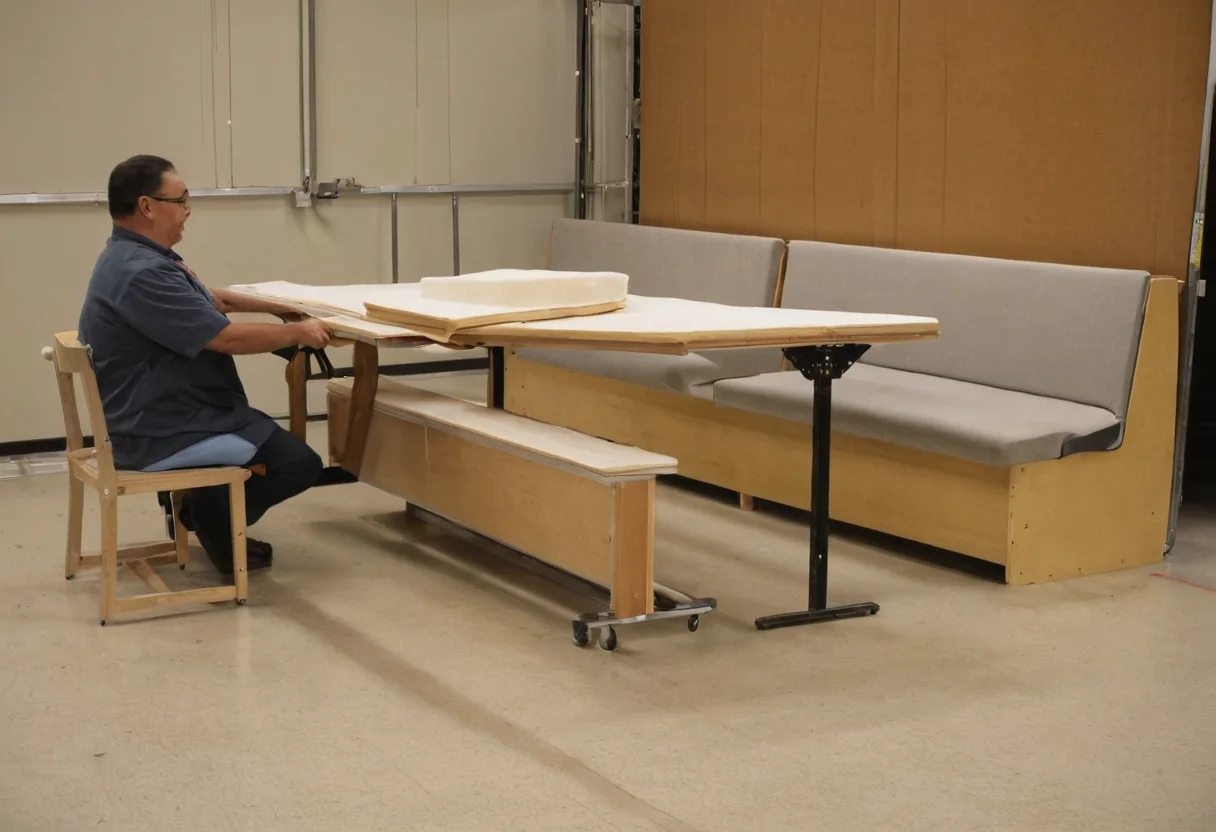 Full-size banquette prototype being tested with table and service clearance