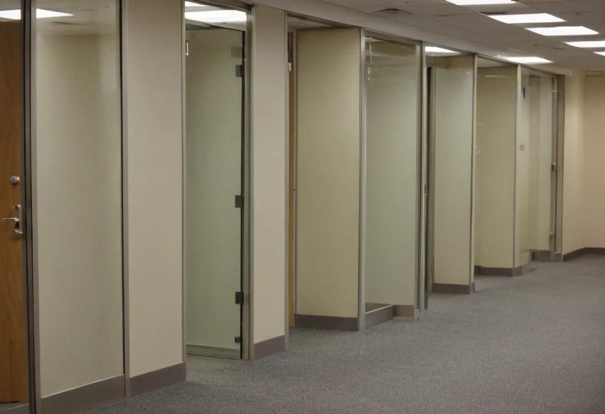 Row of occupied two-person meeting rooms beside an underused large boardroom