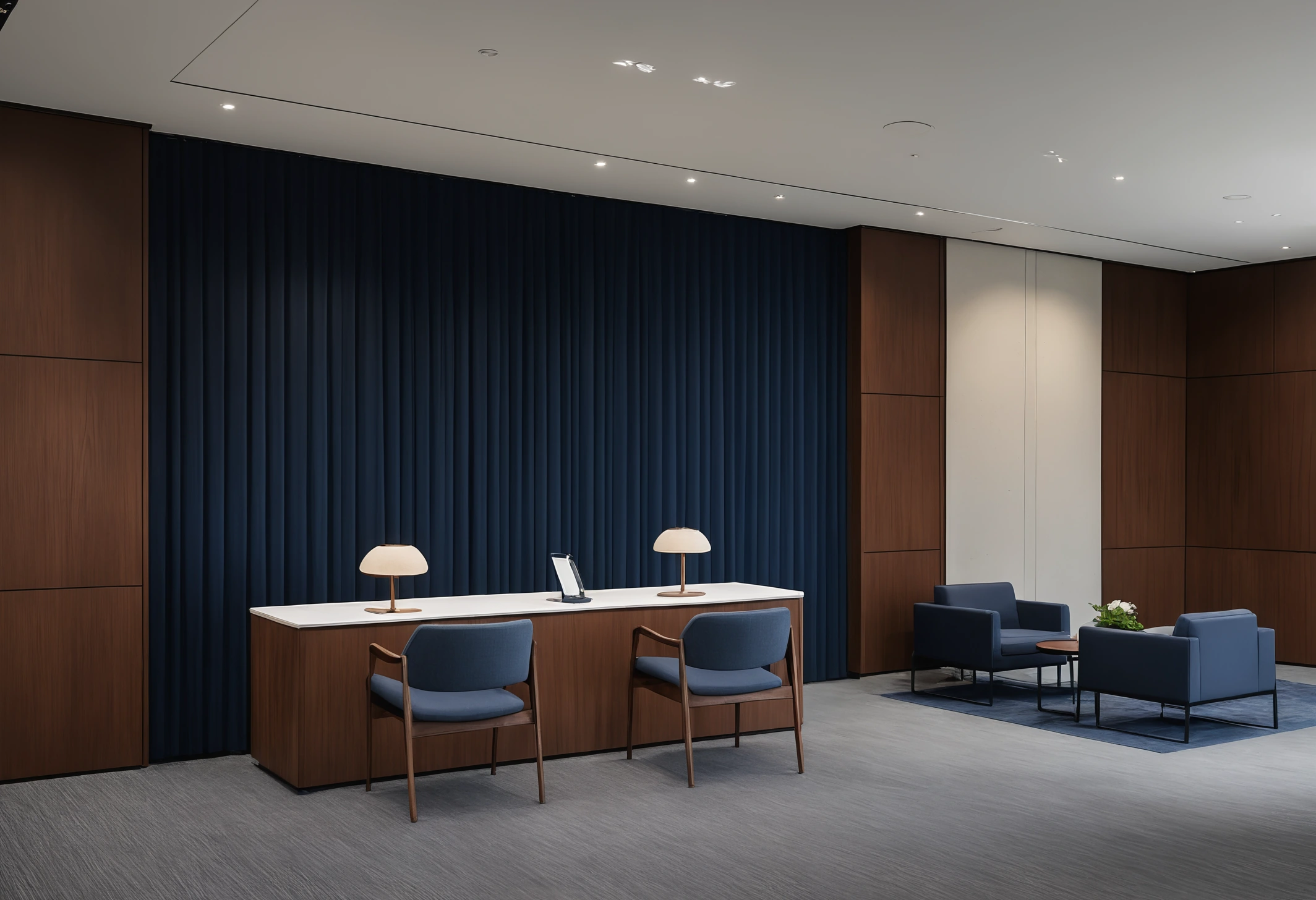 Contemporary office reception with a stone desk, seating and a view through to a meeting room