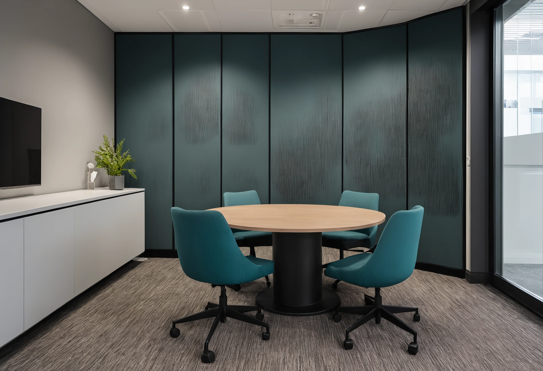 Small enclosed meeting room for three people with acoustic wall treatment and a compact table