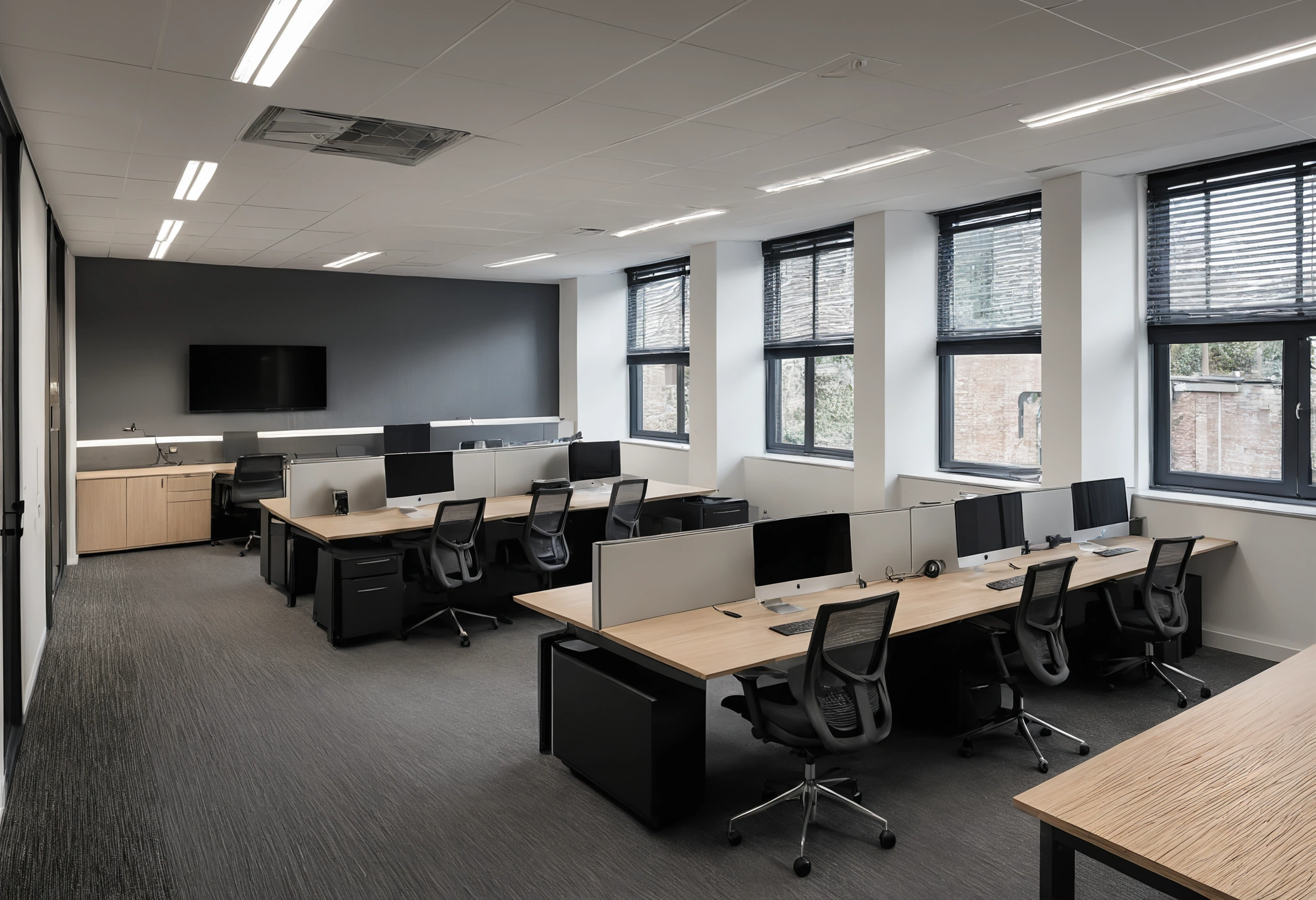 Open plan office with acoustic ceiling rafts, storage dividers between desk rows and soft flooring