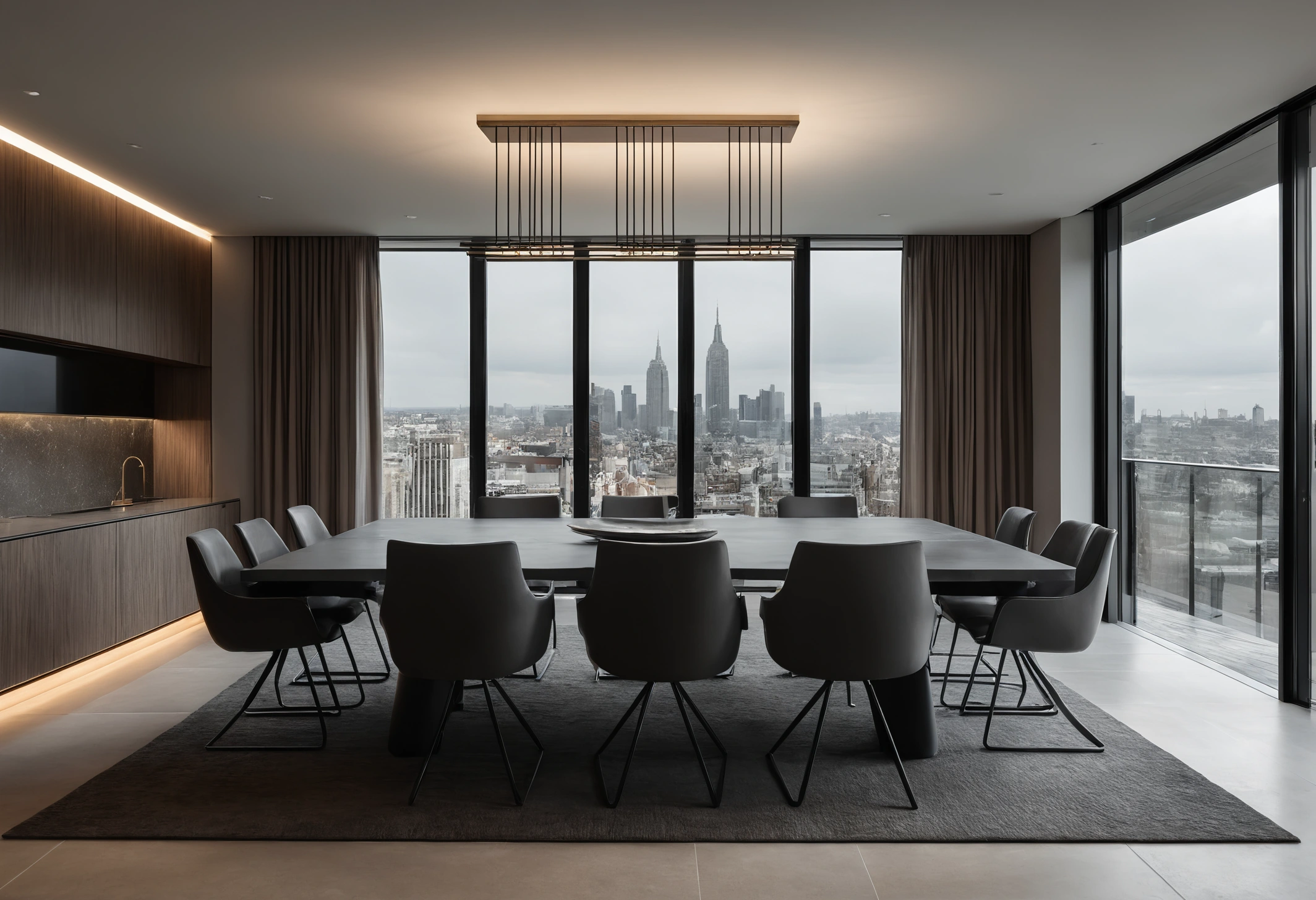 Client-facing boardroom with a solid stone table, upholstered chairs and integrated lighting